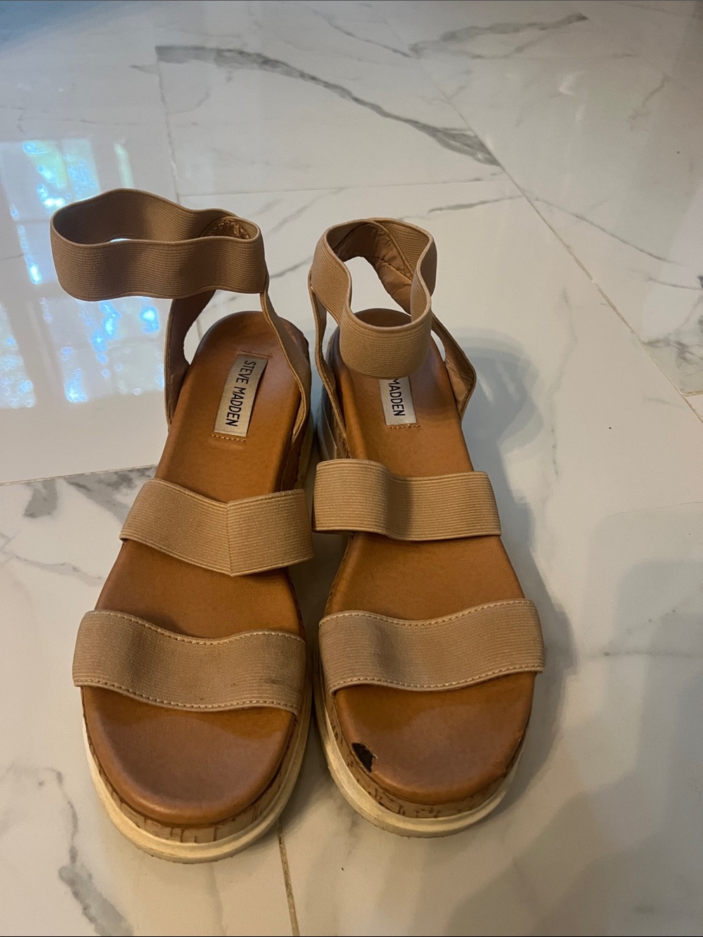 Steve Madden Beige Tan Elastic Strap Platform Sandals